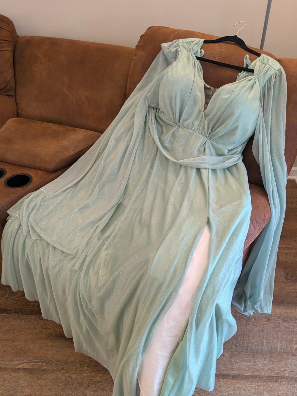 Plus Size Mint Green Formal Dress - Sparkly, Long, Side Slit